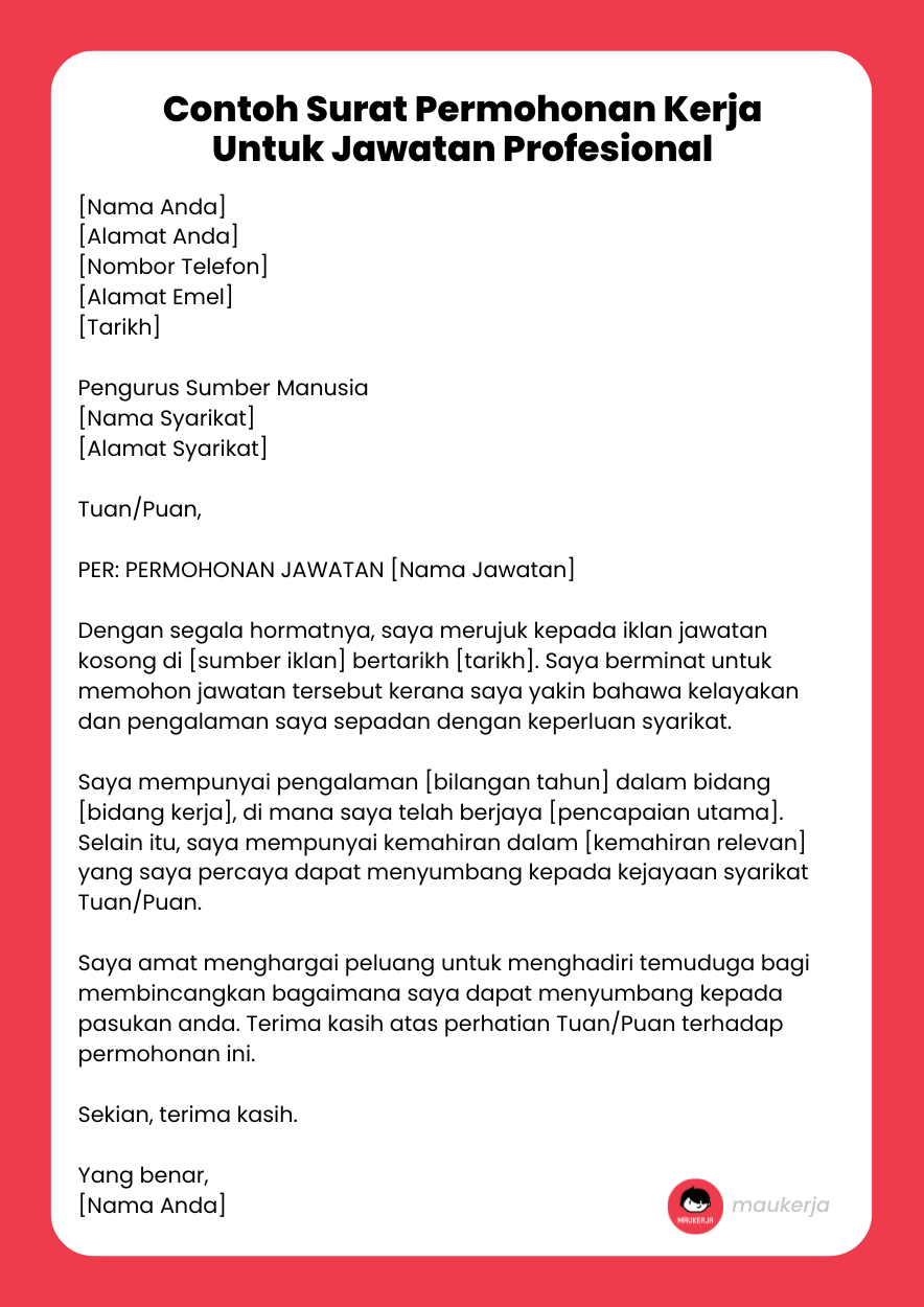 Contoh Surat Permohonan Kerja Untuk Jawatan Profesional